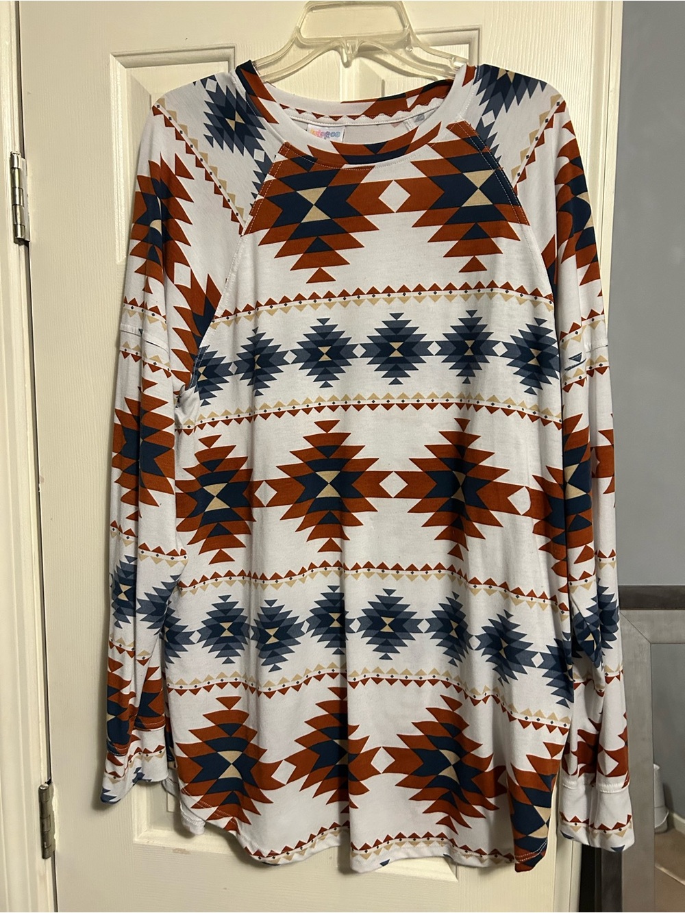 LuLaRoe White Long-Sleeve Shirt with Rust and Navy Aztec Print